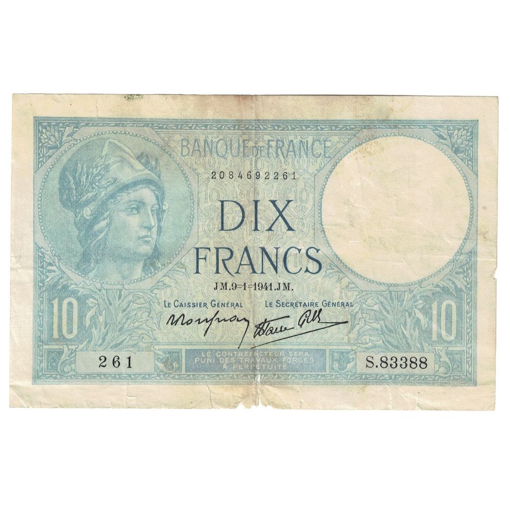 France, 10 Francs, Minerve, 1941, 1941-01-09, TB+, Fayette:7.27, KM:84