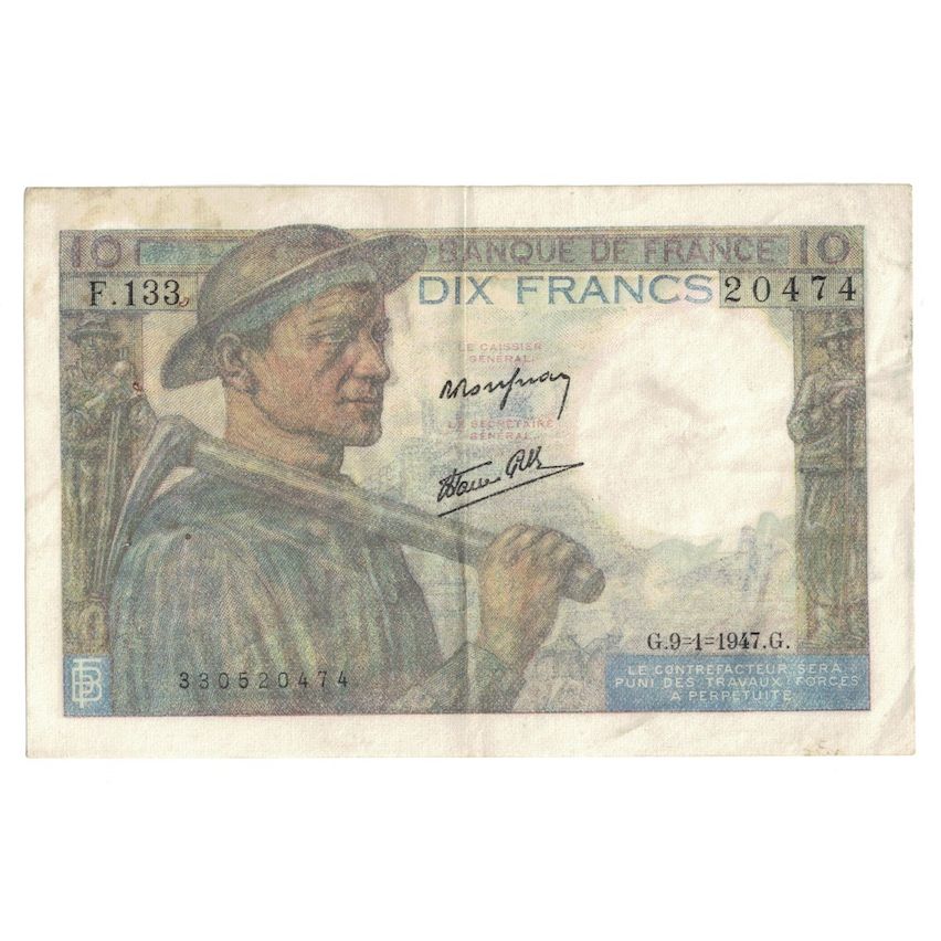 Francia, 10 Francs, Mineur, 1947, 1947-01-09, BC+, Fayette:8.17, KM:99e