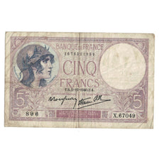 Francja, 5 Francs, Violet, 1940, 1940-12-05, VF(20-25), Fayette:4.16, KM:83
