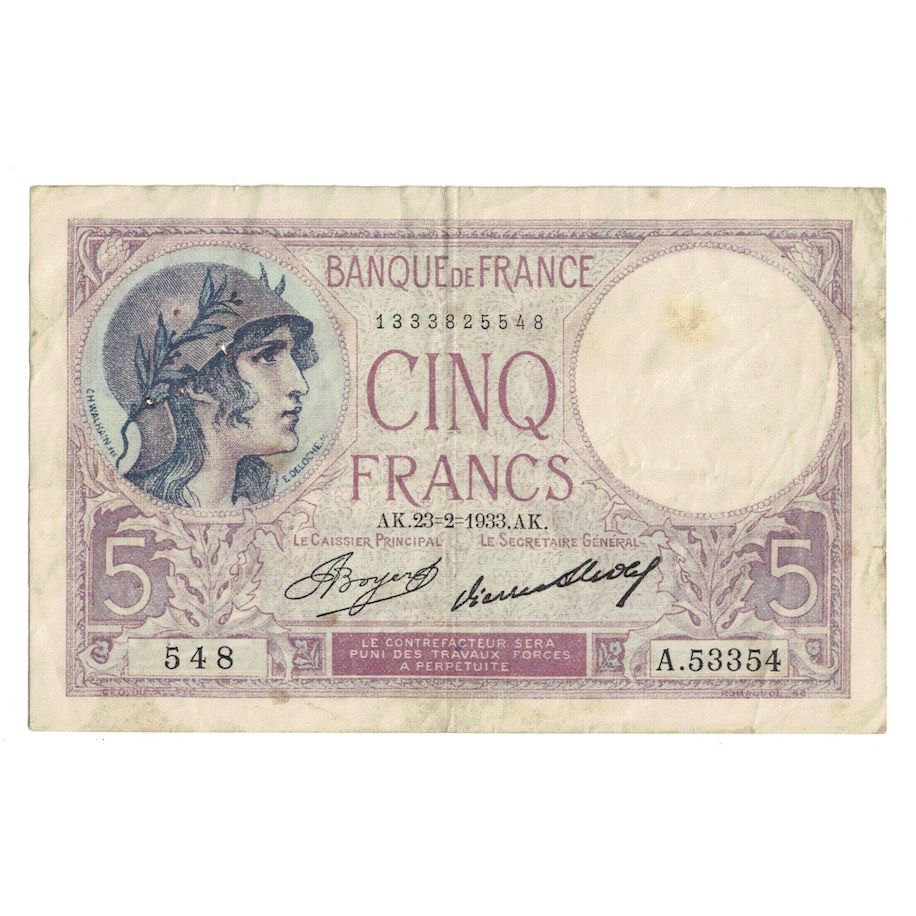 França, 5 Francs, Violet, 1933, 1933-02-23, VF(20-25), Fayette:3.17, KM:72e