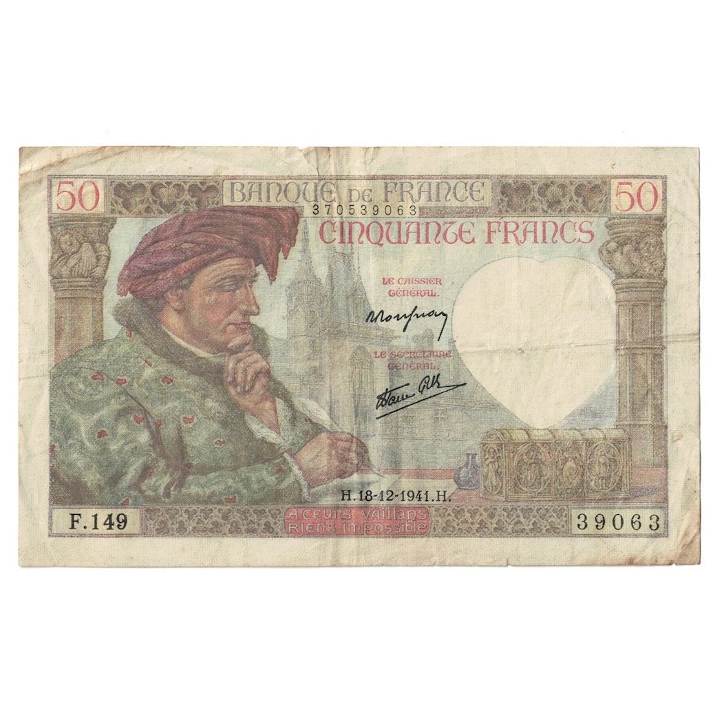 França, 50 Francs, Jacques Coeur, 1941, 1941-12-18, VF(20-25), Fayette:19.17
