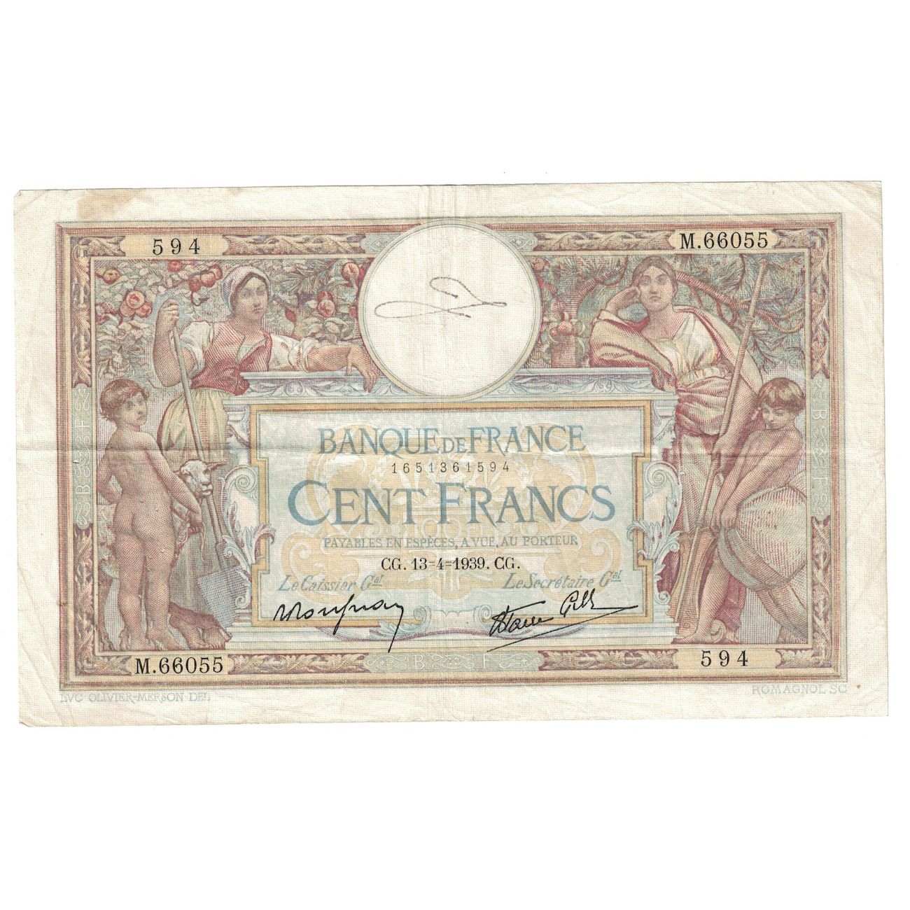 Francia, 100 Francs, Luc Olivier Merson, 1939, 1939-04-13, MB+, Fayette:25.46