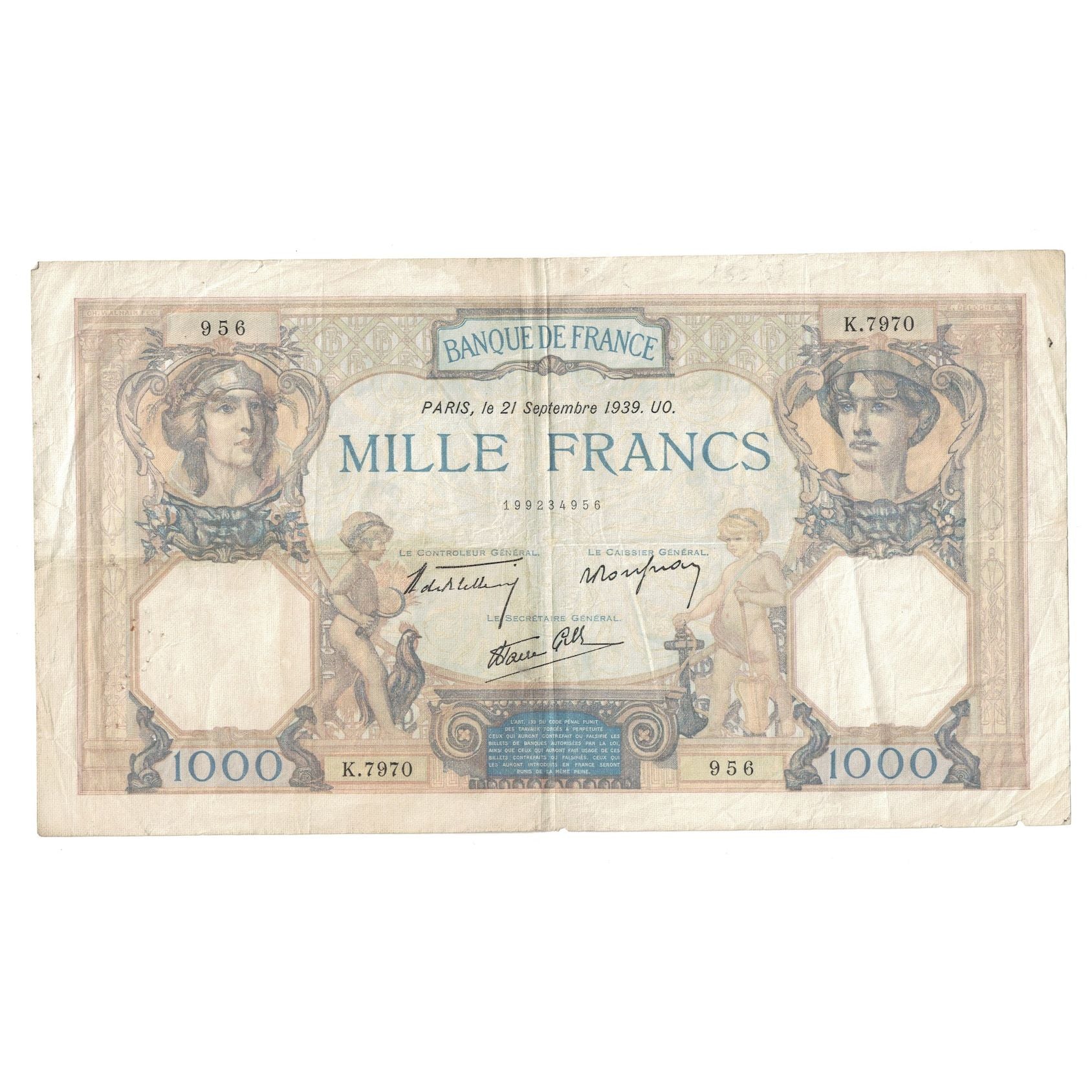Francja, 1000 Francs, Cérès et Mercure, 1939, 1939-09-21, VF(20-25)