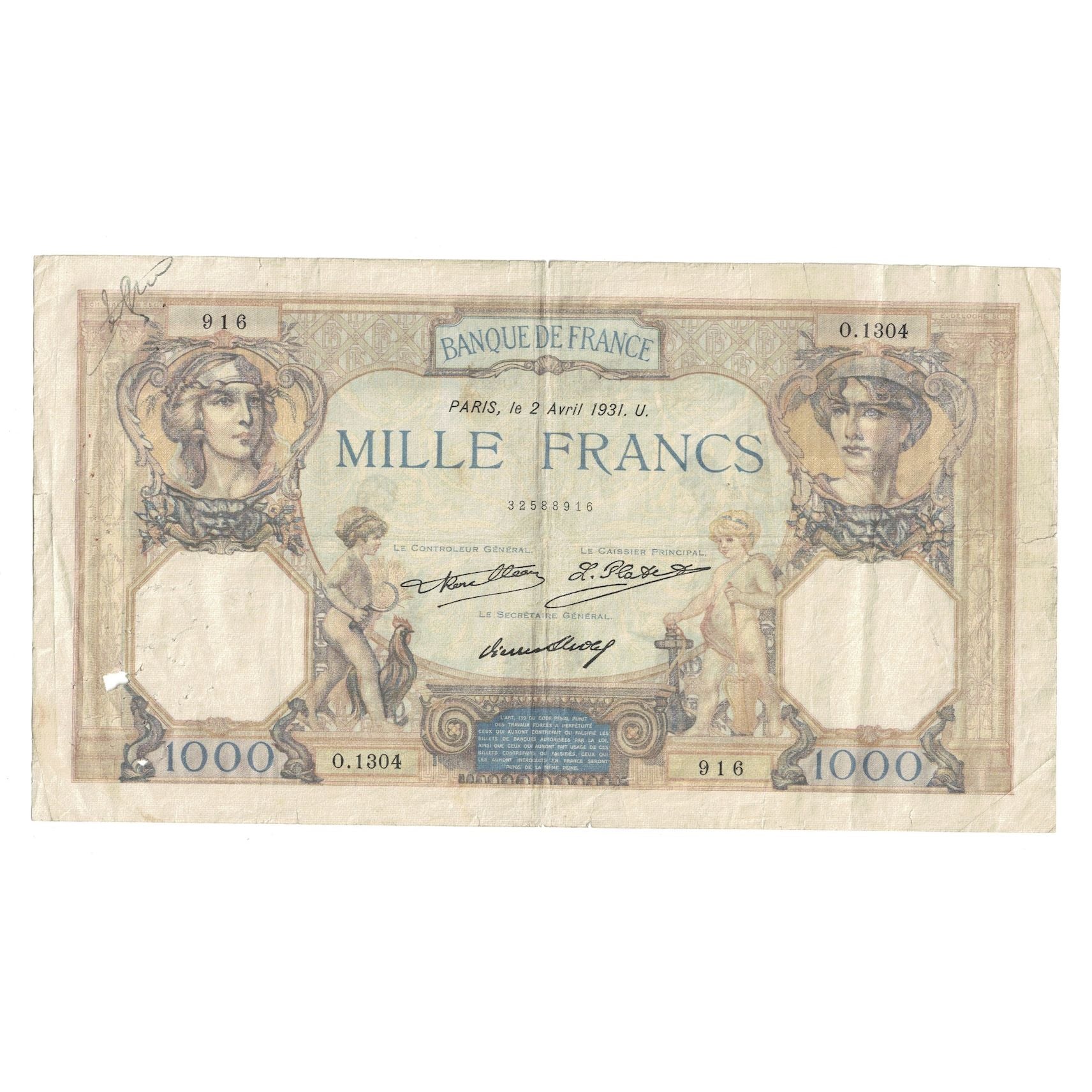 France, 1000 Francs, Cérès et Mercure, 1931, 1931-04-02, B+, Fayette:37.6