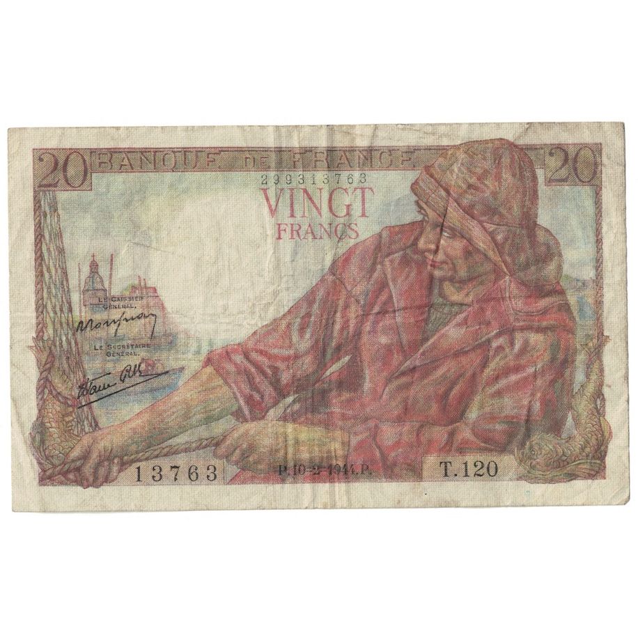 França, 20 Francs, Pêcheur, 1944, 1944-02-10, F(12-15), Fayette:13.08, KM:100a