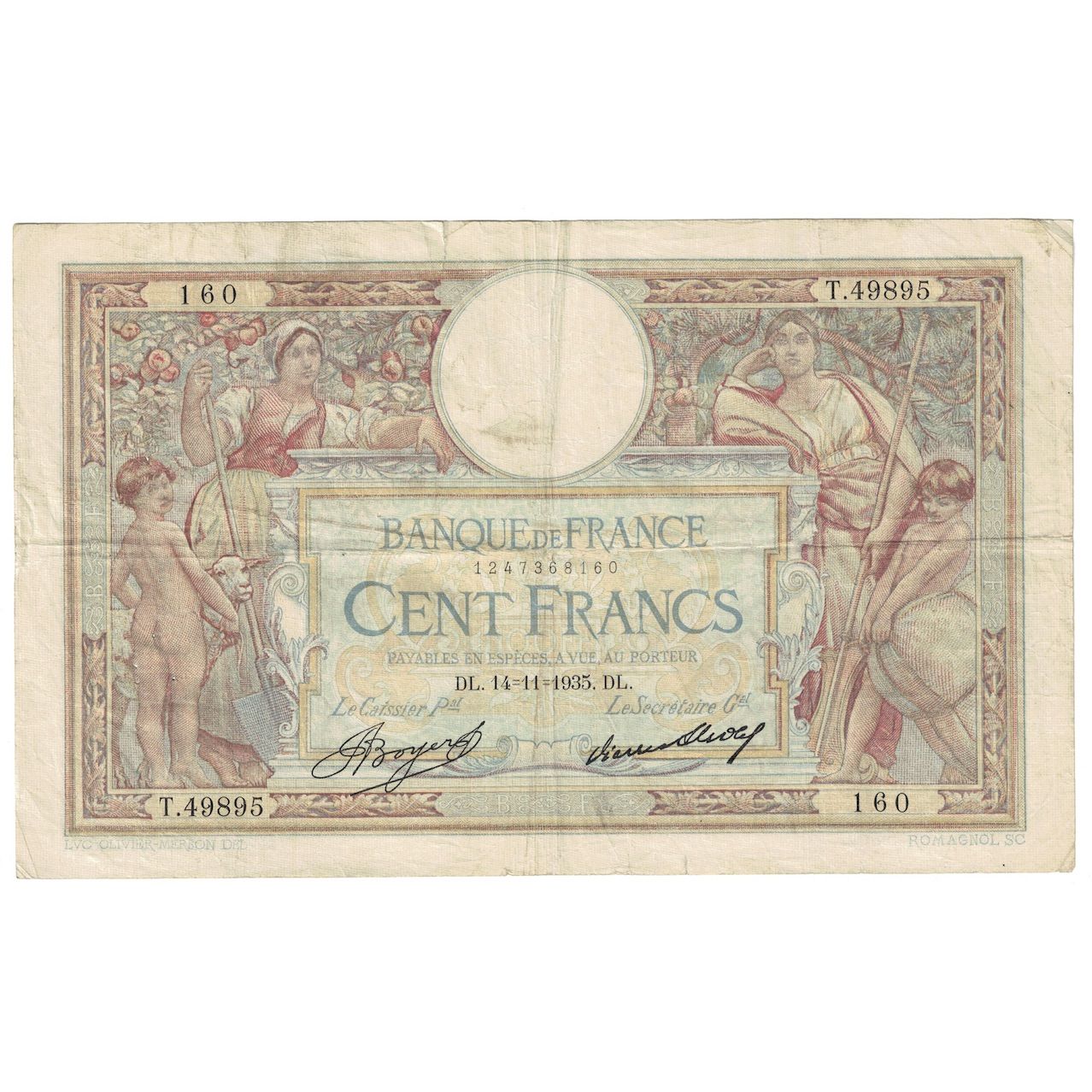 Frankreich, 100 Francs, Luc Olivier Merson, 1935, 1935-11-14, S+, KM:78c