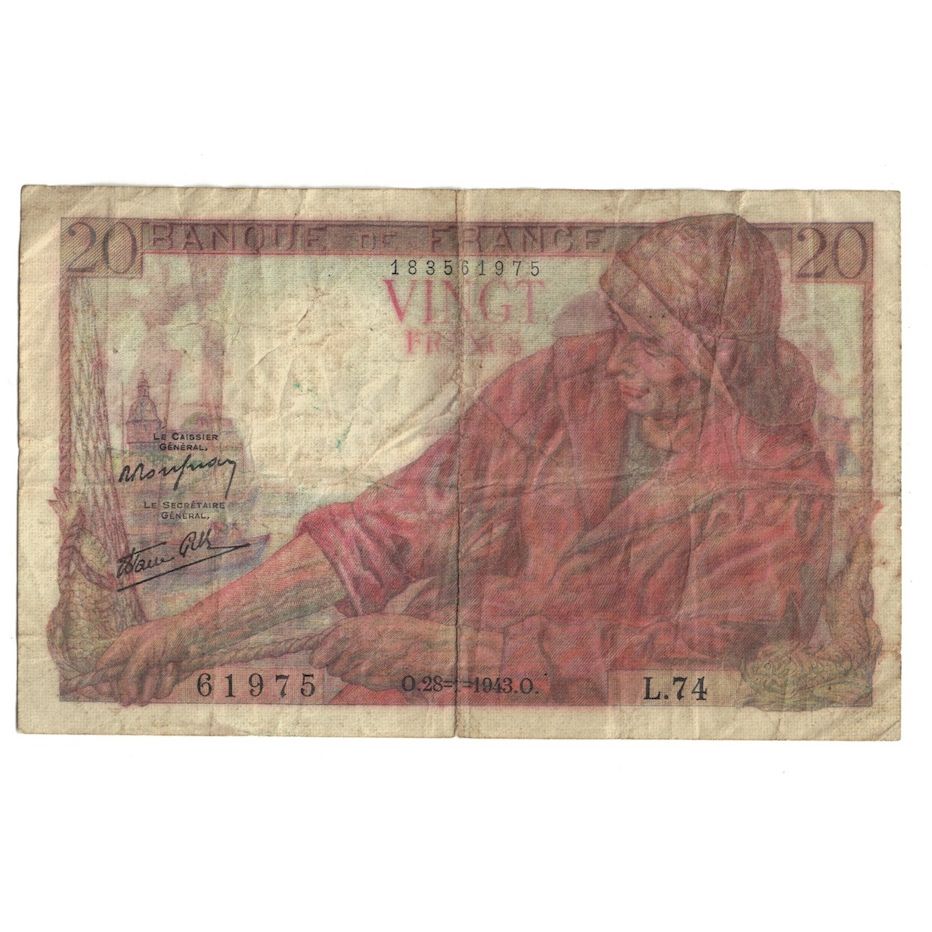 Frankreich, 20 Francs, Pêcheur, 1943, 1943-01-28, SGE, Fayette:13.5, KM:100a