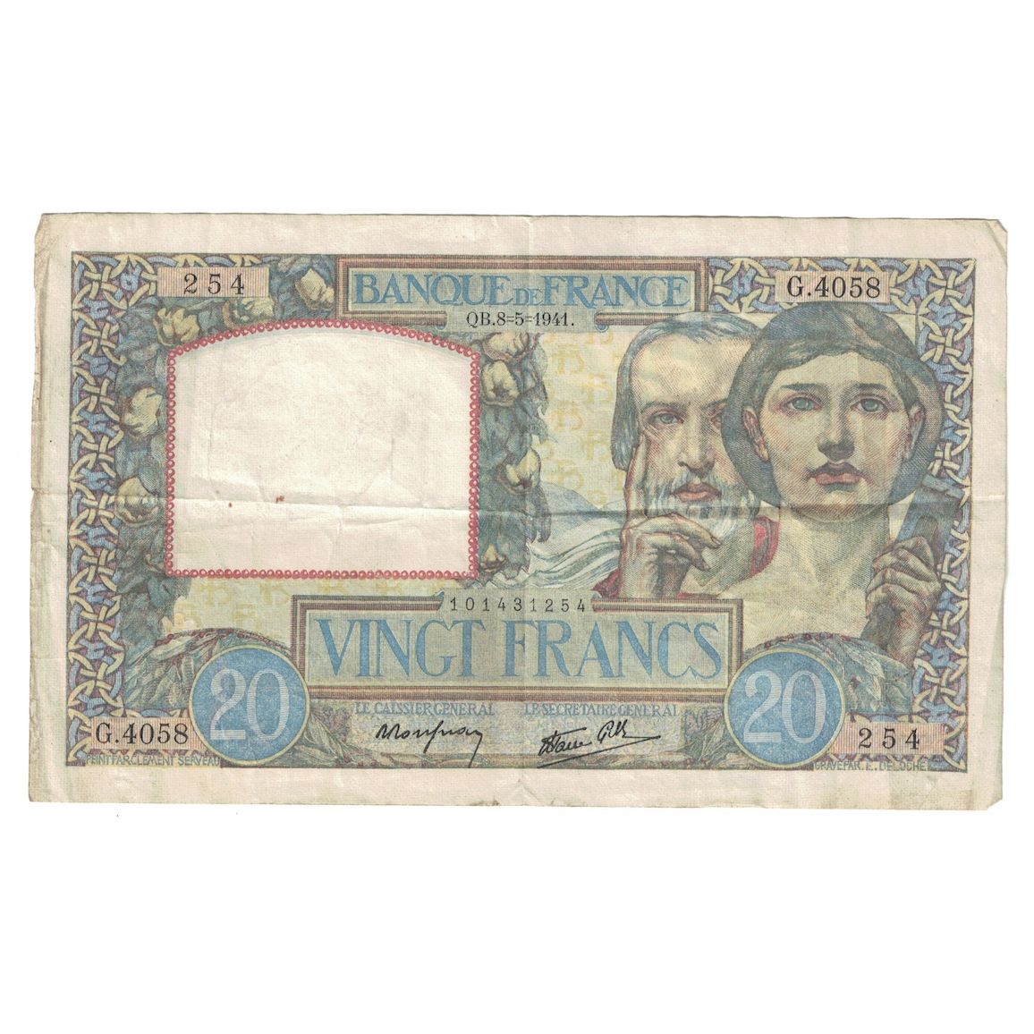 Frankrijk, 20 Francs, Science et Travail, 1941, 1941-05-08, TB, Fayette:12.14