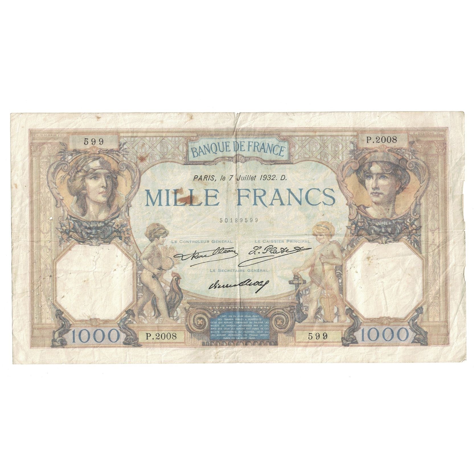 Francia, 1000 Francs, Cérès et Mercure, 1932, 1932-07-07, RC+, Fayette:37.7