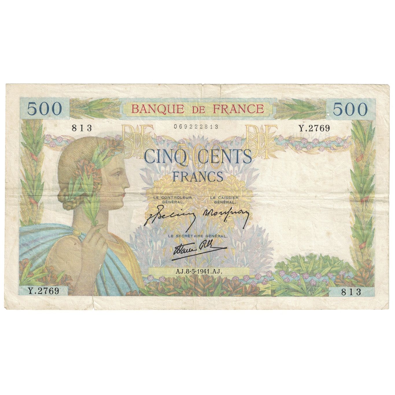 France, 500 Francs, La Paix, 1941, 1941-05-08, TB, Fayette:32.16, KM:95b