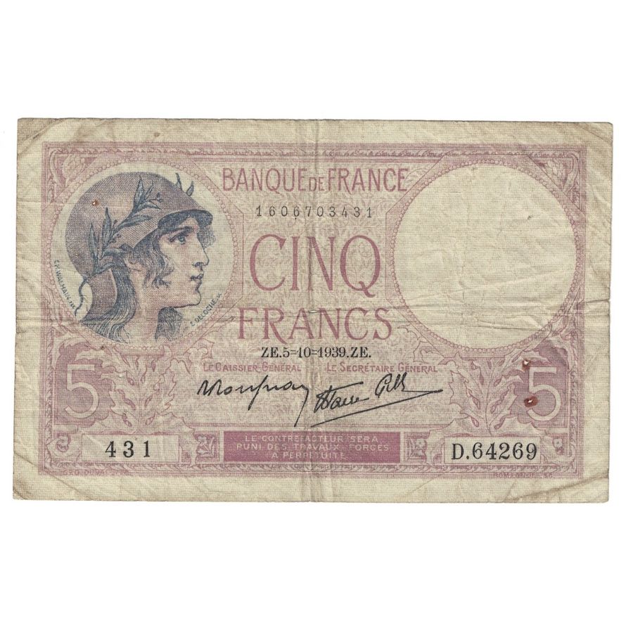 Francja, 5 Francs, Violet, 1939, 1939-10-05, VG(8-10), Fayette:4.11, KM:83
