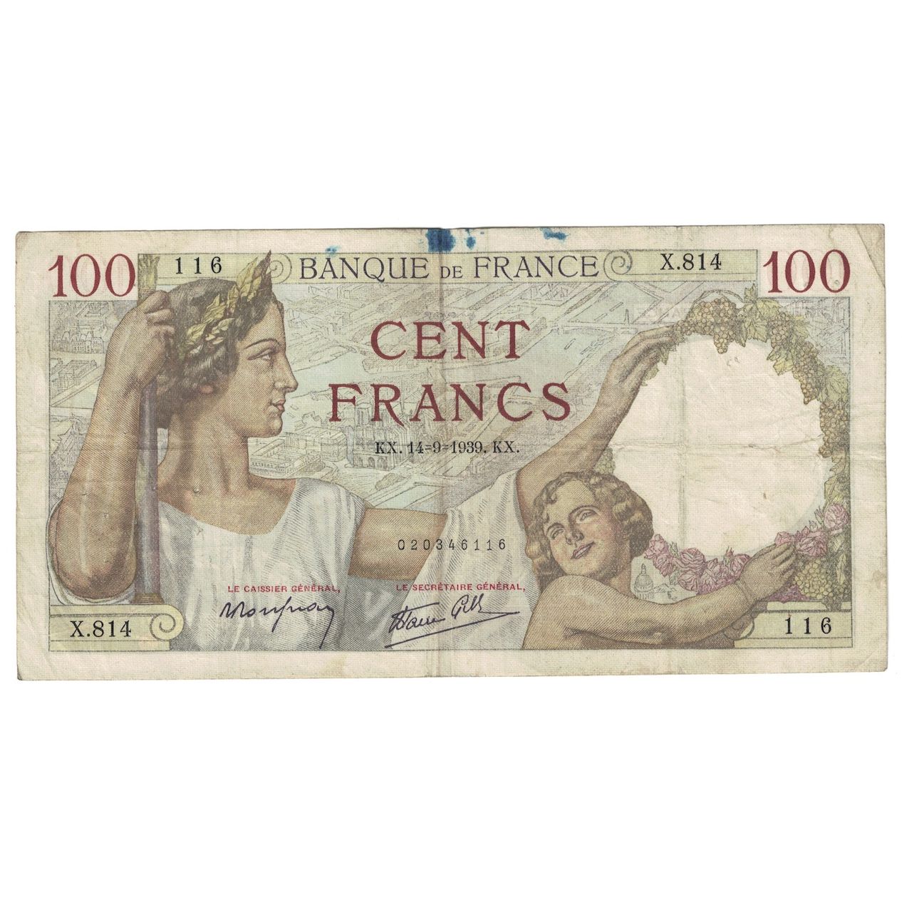 Francja, 100 Francs, Sully, 1939, 1939-09-14, VF(20-25), Fayette:26.06, KM:94