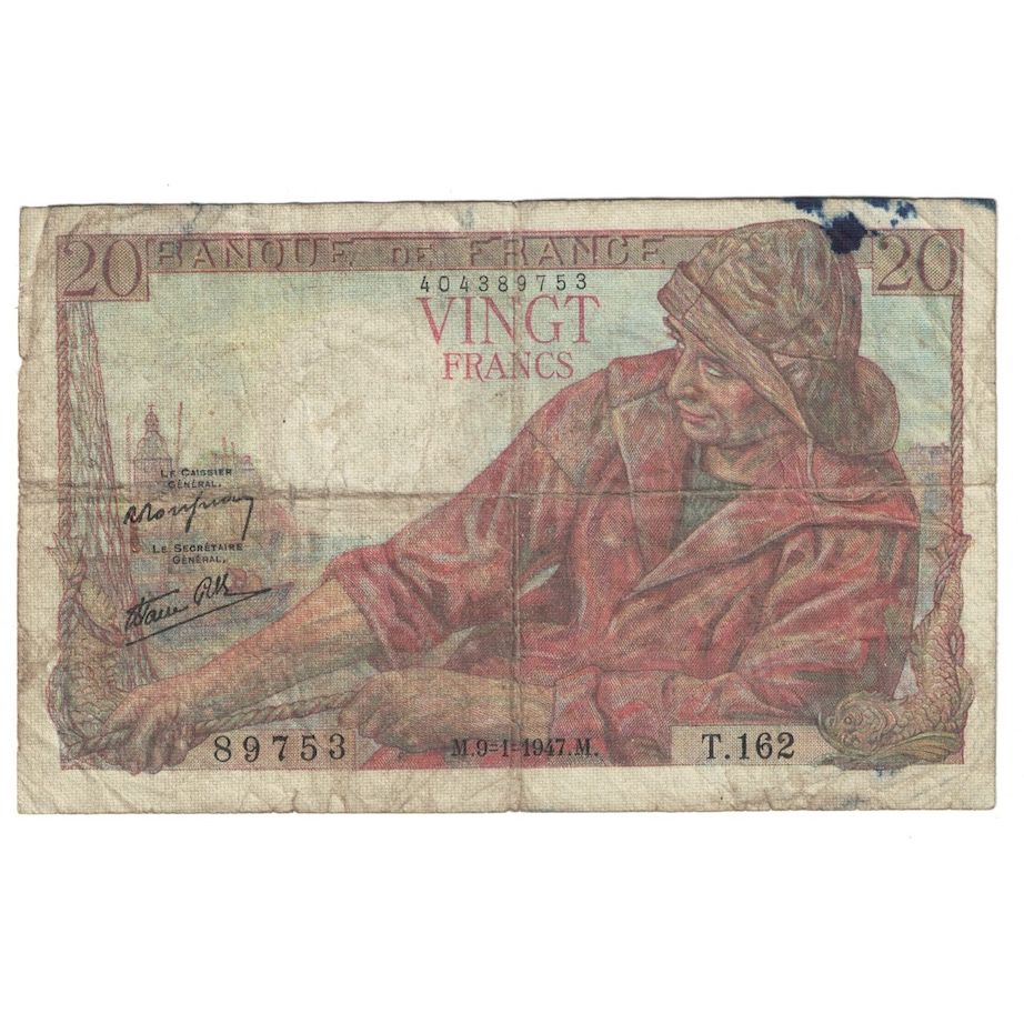 France, 20 Francs, Pêcheur, 1947, 1947-01-09, B+, Fayette:13.11, KM:100b