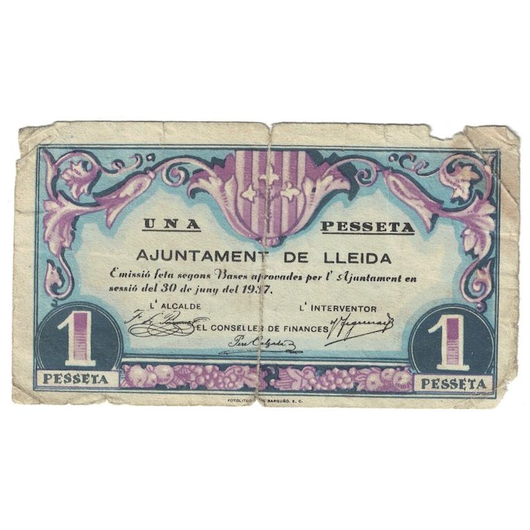 Banknote, Spain, 1 Peseta, N.D, 1937, 1937, LLEIDA, VG(8-10)