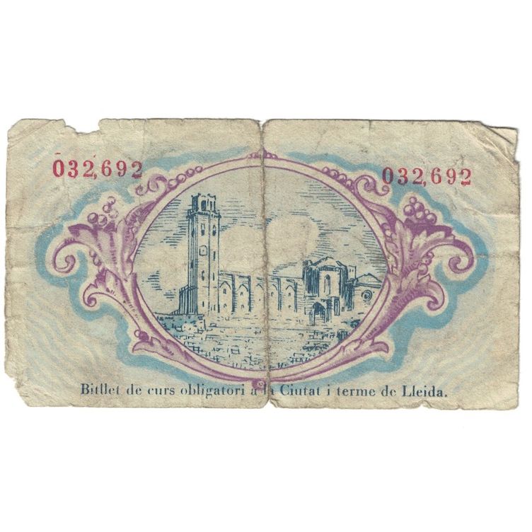 Banknote, Spain, 1 Peseta, N.D, 1937, 1937, LLEIDA, VG(8-10)
