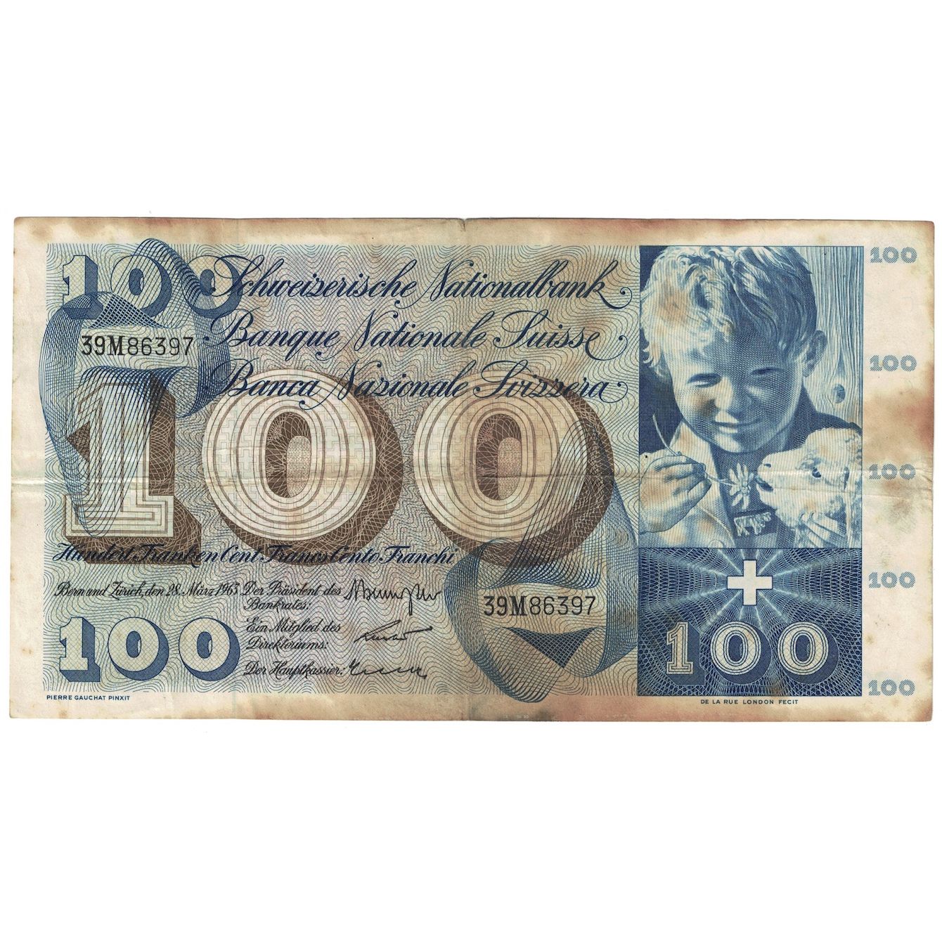 Geldschein, Schweiz, 100 Franken, 1963, 1963-03-28, KM:49e, S