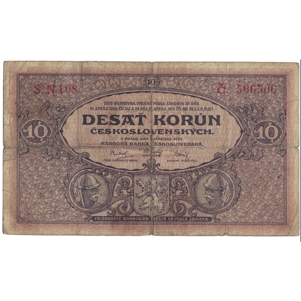 Banconote, Cecoslovacchia, 10 Korun, 1927, KM:20a, B+