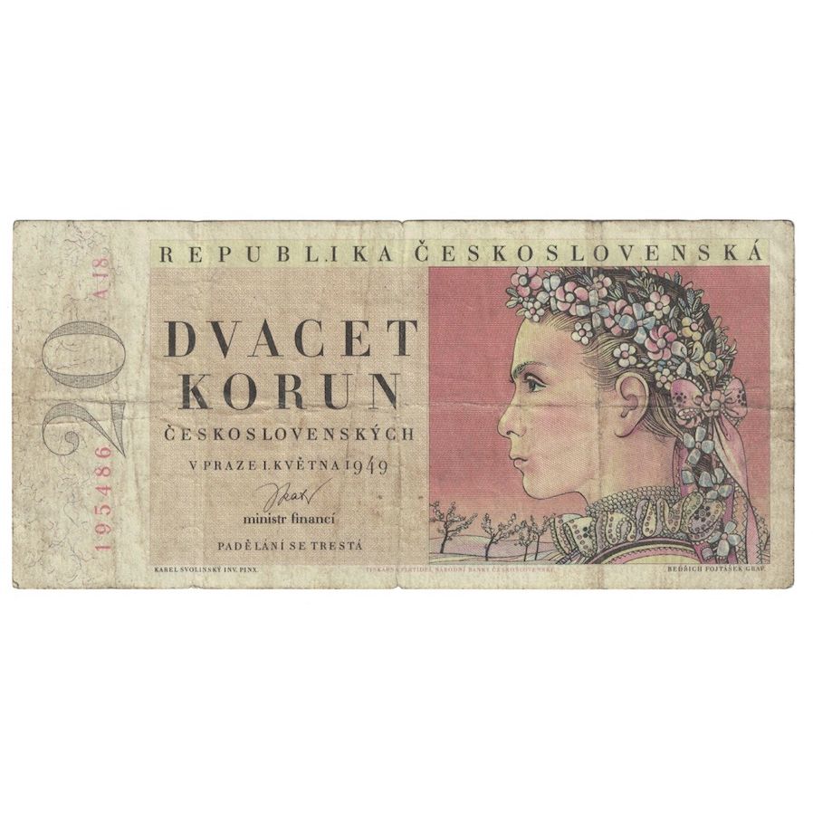 Banknote, Czechoslovakia, 20 Korun, 1949, 1949-05-01, KM:70a, VF(20-25)