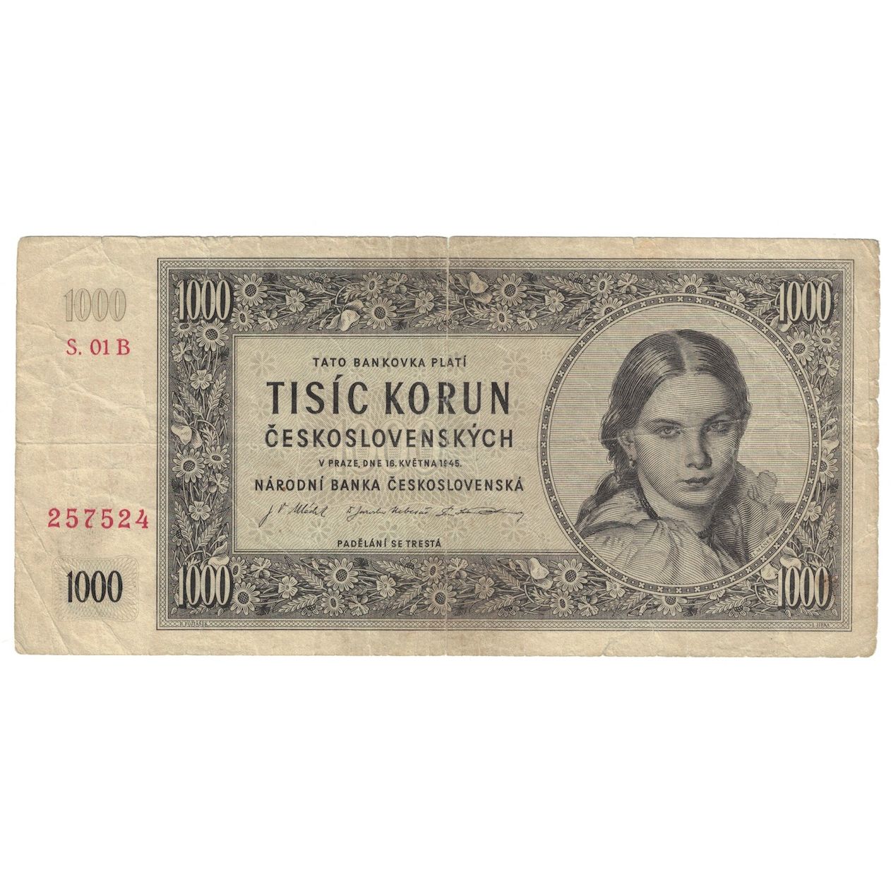 Banconote, Cecoslovacchia, 1000 Korun, 1945, 1945-05-16, KM:74c, MB+