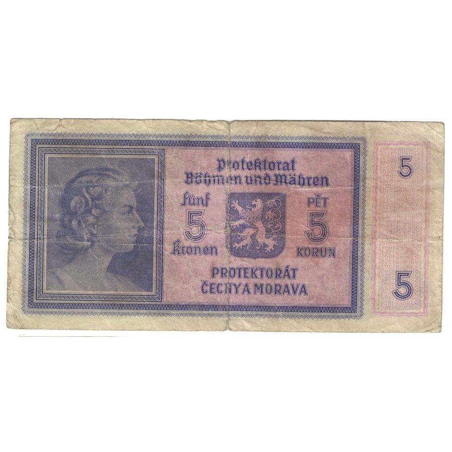 Biljet, Bohemië en Moravië, 5 Korun, Undated (1939), KM:2b, B+