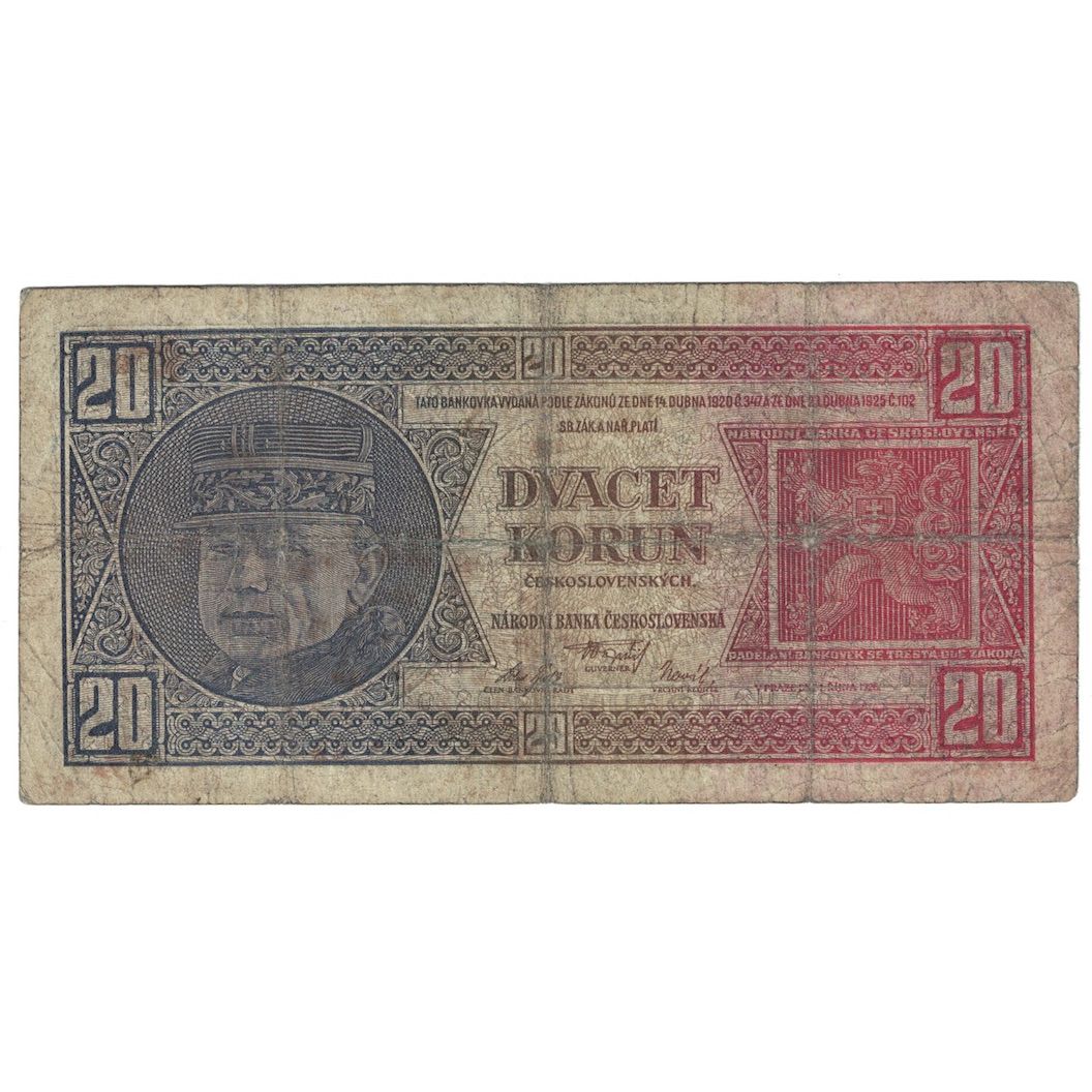 Banconote, Cecoslovacchia, 20 Korun, 1926, 1926-10-01, KM:21a, B+