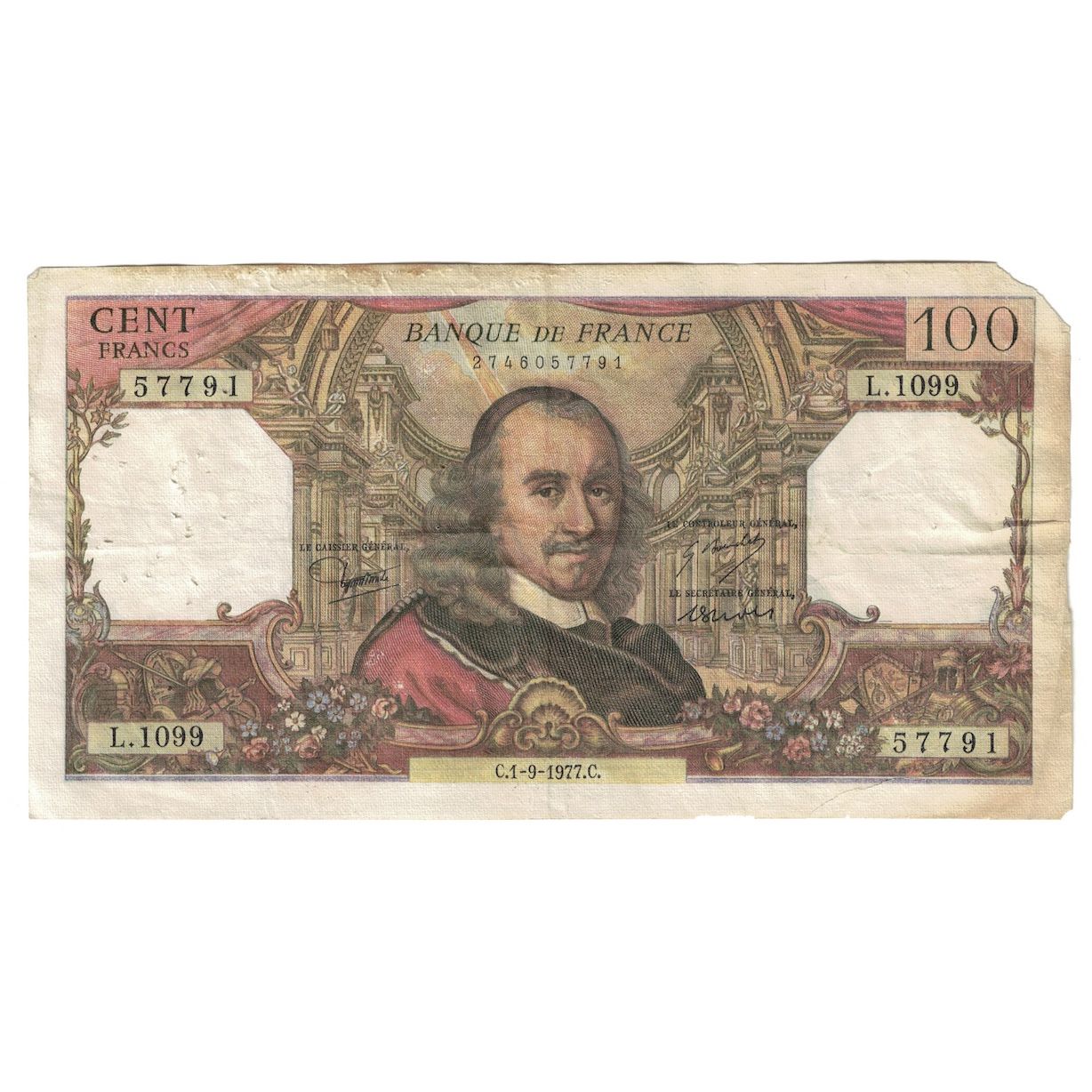 France, 100 Francs, Corneille, 1977, 1977-09-01, B+, Fayette:65.59, KM:149f