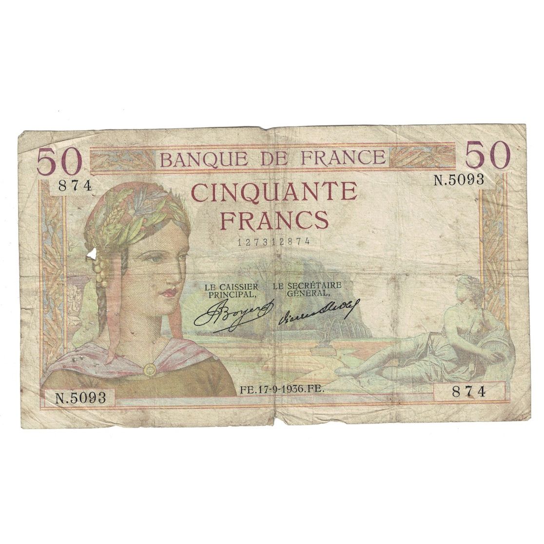 Francia, 50 Francs, Cérès, 1936, 1936-09-17, B+, Fayette:17.30, KM:81