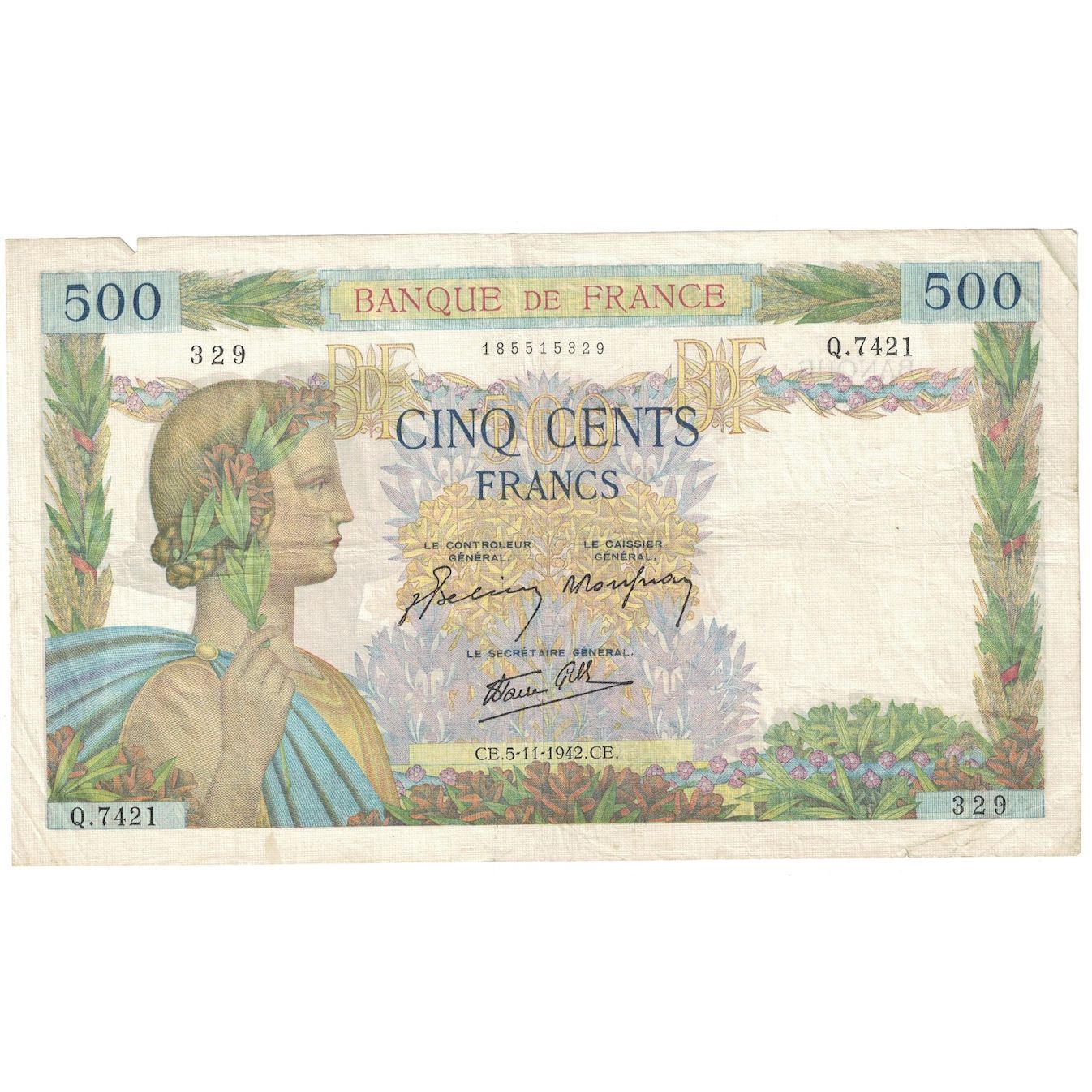 Francja, 500 Francs, La Paix, 1942, 1942-11-05, EF(40-45), Fayette:32.43, KM:95b