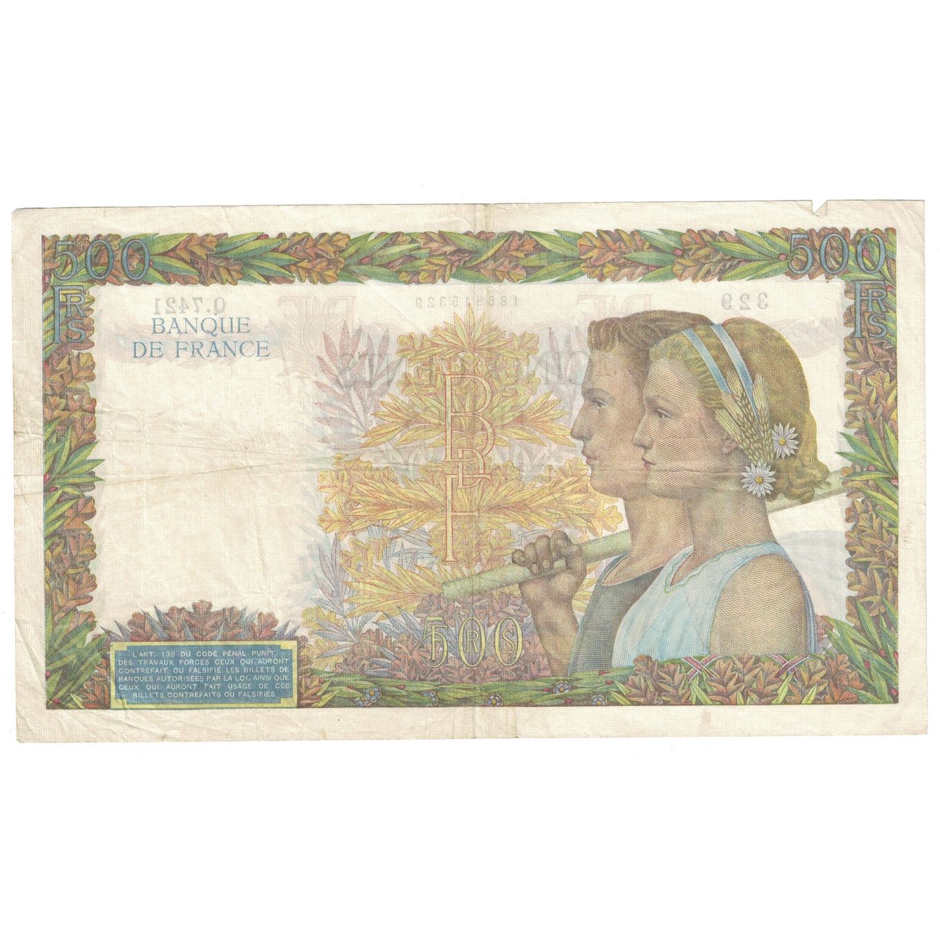Francja, 500 Francs, La Paix, 1942, 1942-11-05, EF(40-45), Fayette:32.43, KM:95b
