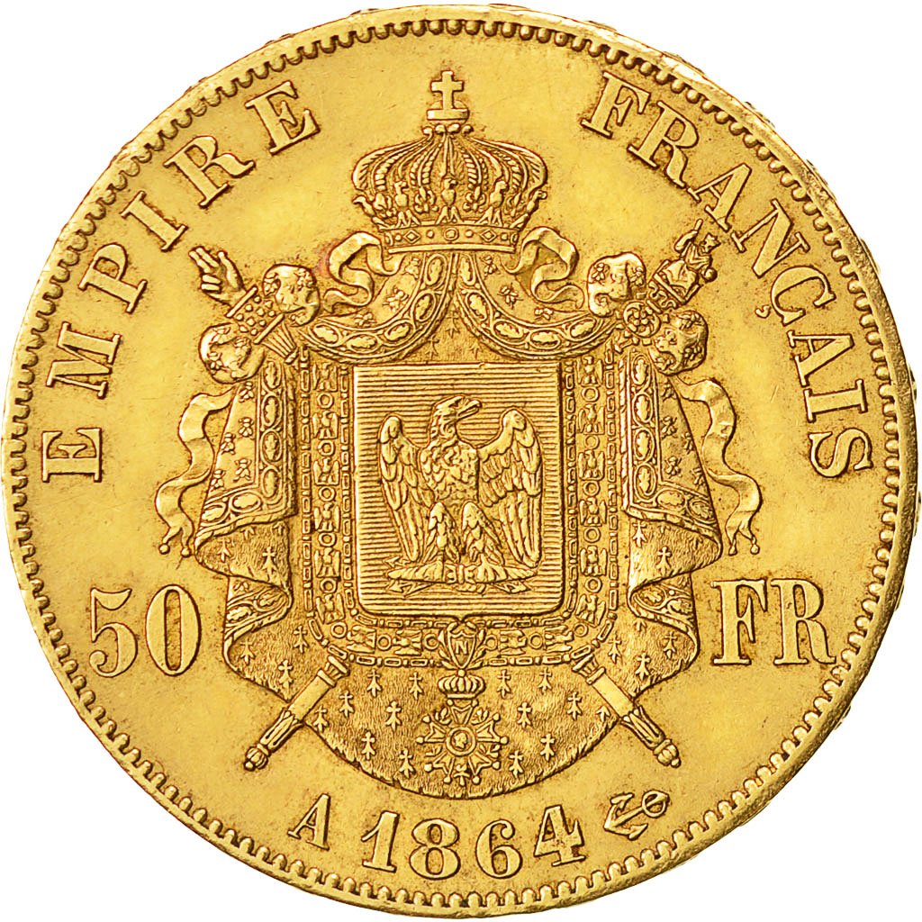 Moneda, Francia, Napoleon III, Napoléon III, 50 Francs, 1864, Paris, MBC+, Oro