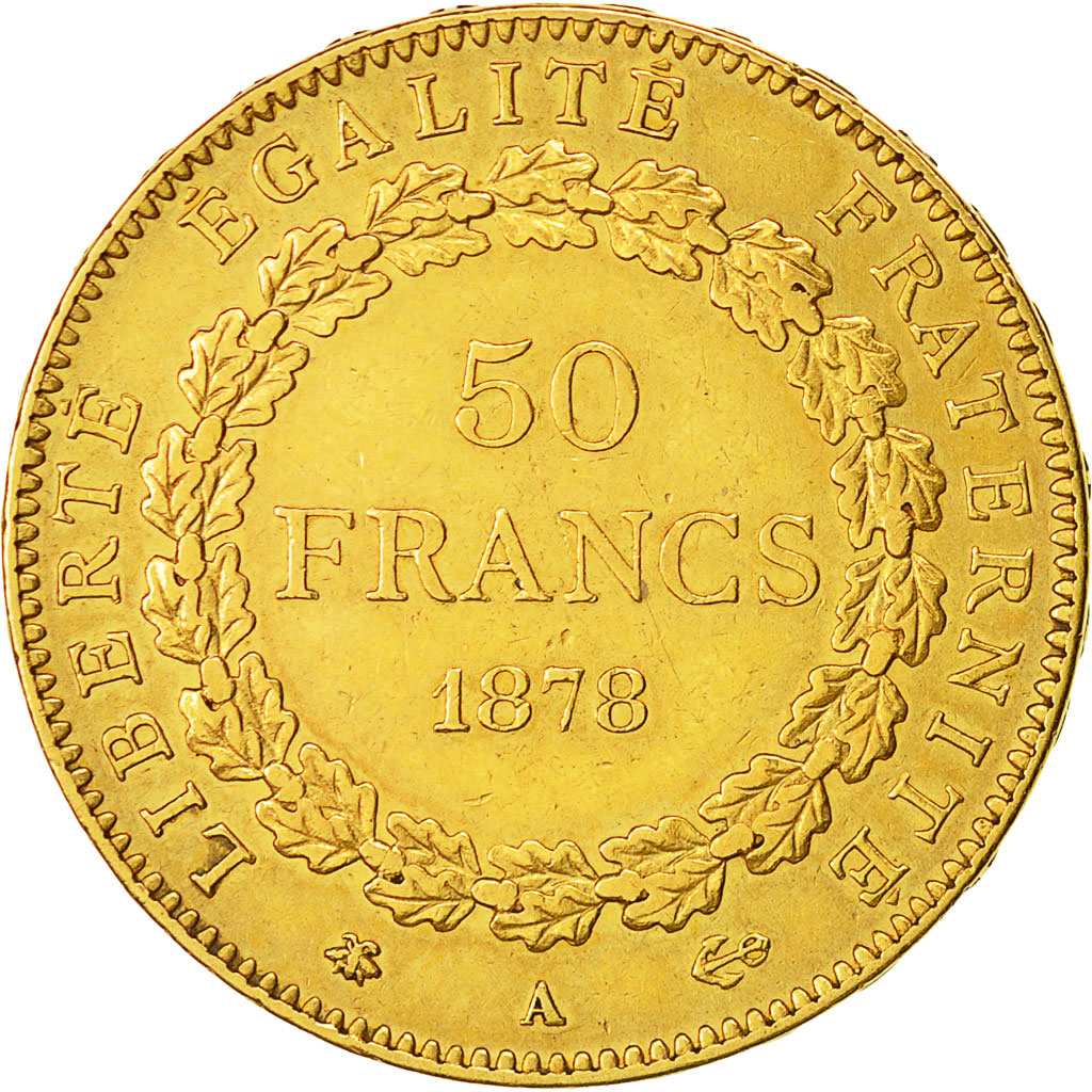 Moneda, Francia, Génie, 50 Francs, 1878, Paris, MBC+, Oro, KM:831, Gadoury:1113
