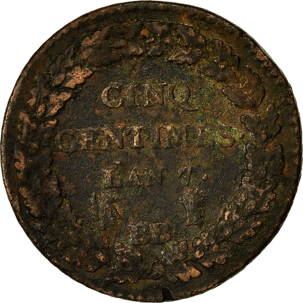 Monnaie, France, Dupré, 5 Centimes, AN 7, Strasbourg, TB+, Bronze, Gadoury:126