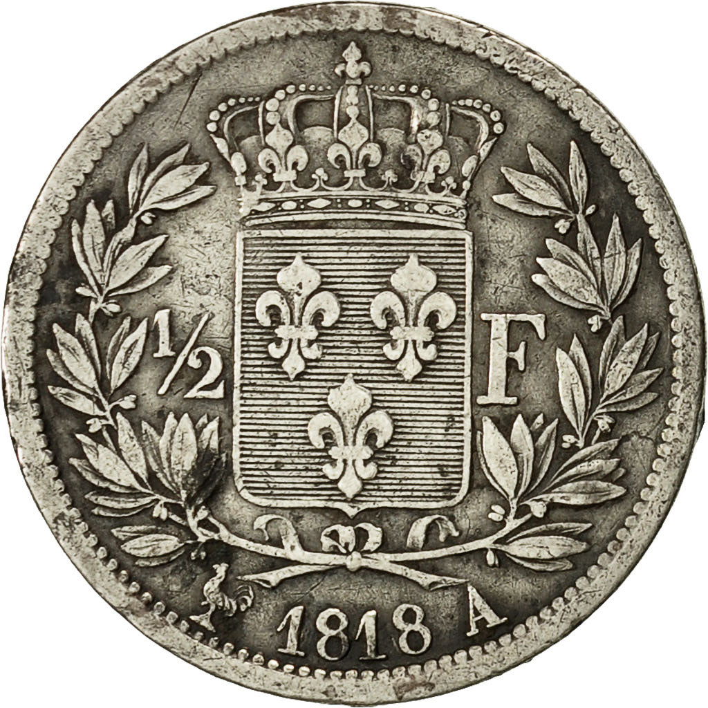 Moneda, Francia, Louis XVIII, Louis XVIII, 1/2 Franc, 1818, Paris, MBC, Plata