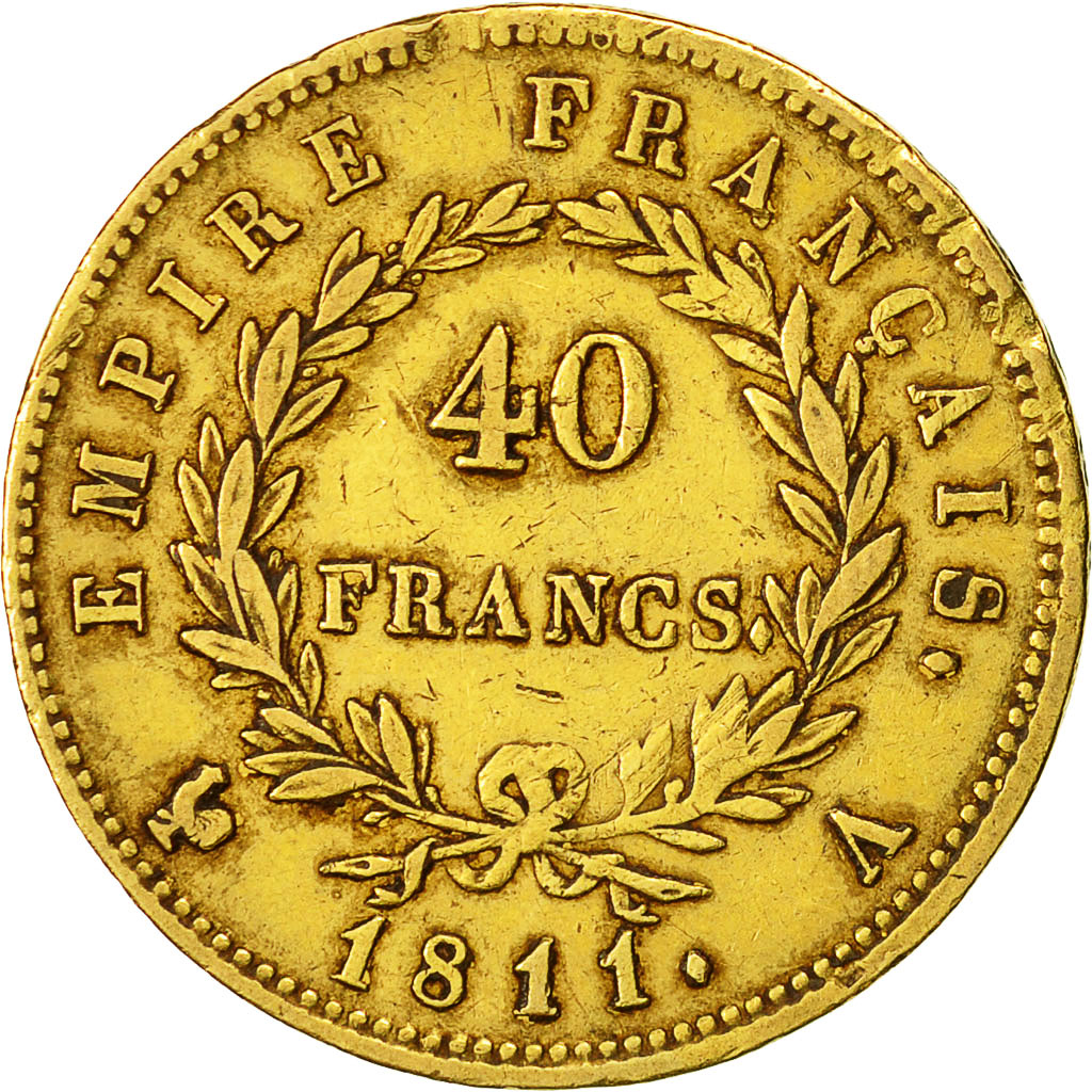 Moneta, Francia, Napoléon I, 40 Francs, 1811, Paris, MB+, Oro, KM:696.1