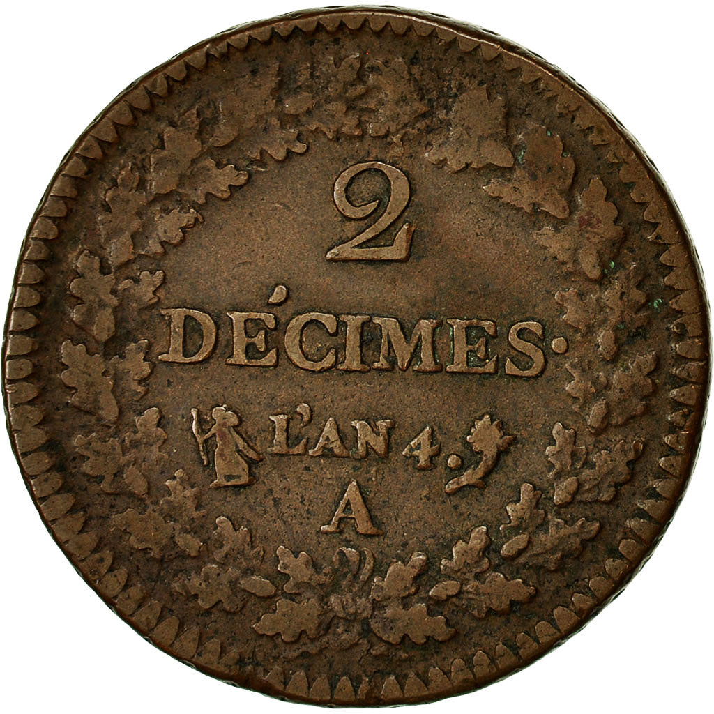 Monnaie, France, Dupré, 2 Décimes, AN 4, Paris, TTB+, Bronze, Gadoury:300
