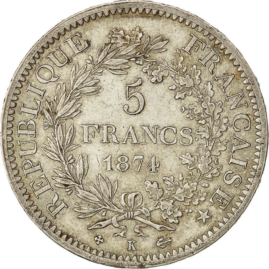 Coin, France, Hercule, 5 Francs, 1874, Bordeaux, AU(55-58), Silver, KM:820.2