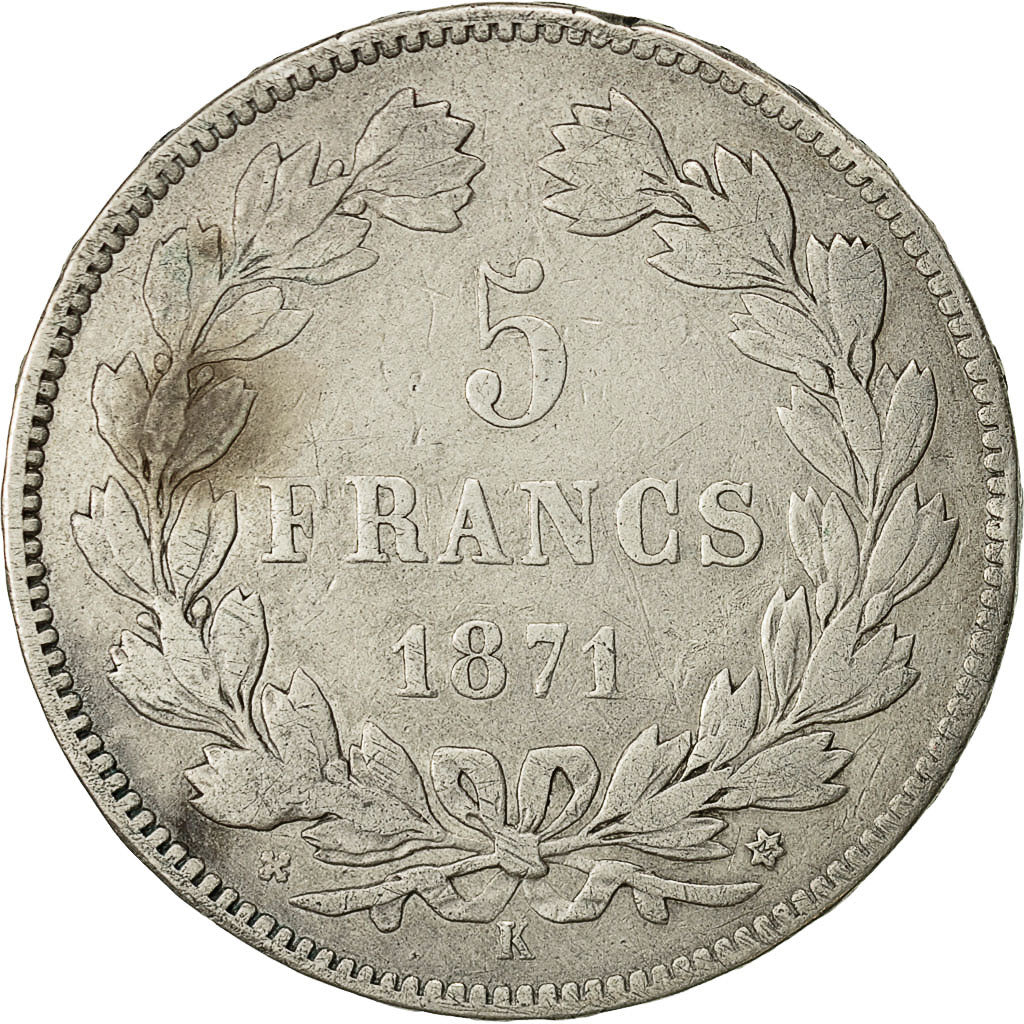 Coin, France, Cérès, 5 Francs, 1871, Bordeaux, VF(30-35), Silver, KM:818.2