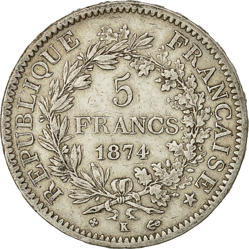 Coin, France, Hercule, 5 Francs, 1874, Bordeaux, EF(40-45), Silver, KM:820.2