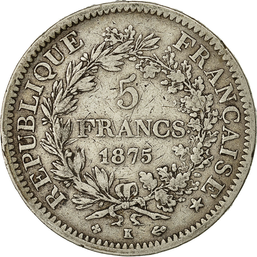 Coin, France, Hercule, 5 Francs, 1875, Bordeaux, VF(30-35), Silver, KM:820.2