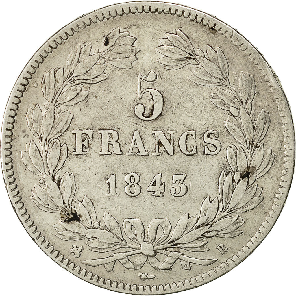 Münze, Frankreich, Louis-Philippe, 5 Francs, 1843, Rouen, S+, Silber, KM:749.2