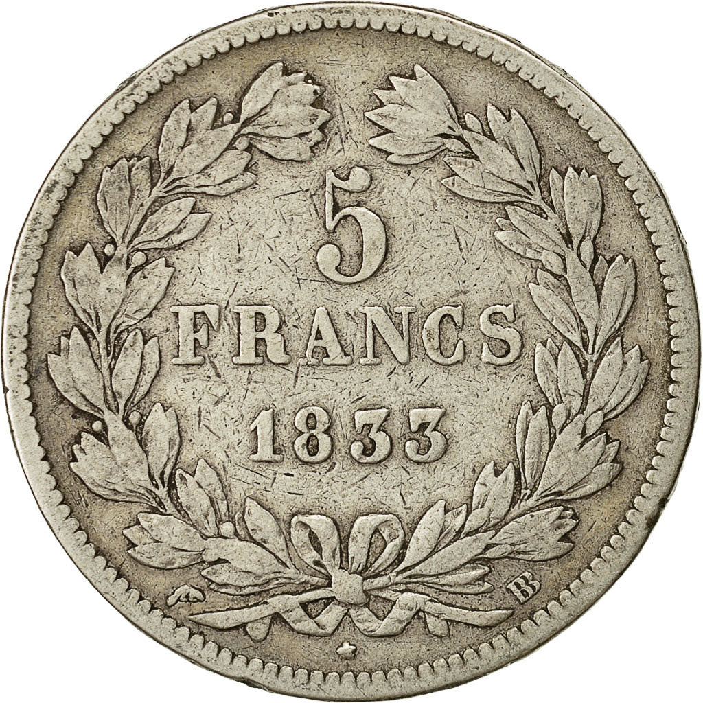 Moneta, Francia, Louis-Philippe, 5 Francs, 1833, Strasbourg, MB, Argento