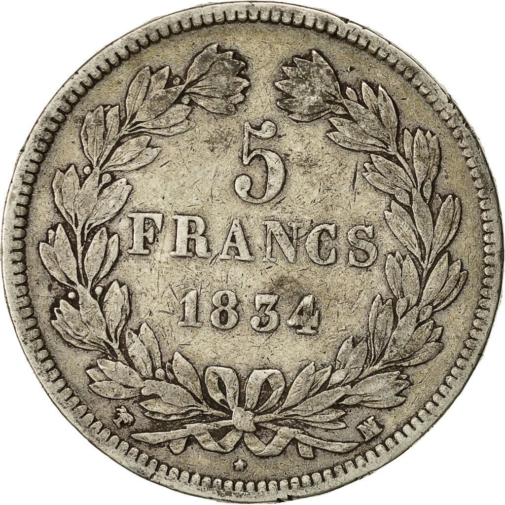 Moneta, Francia, Louis-Philippe, 5 Francs, 1834, Marseille, MB+, Argento