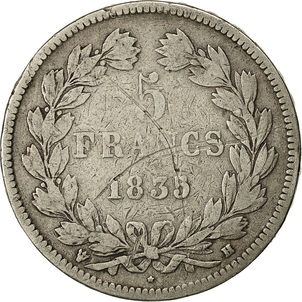 Moneda, Francia, Louis-Philippe, 5 Francs, 1835, La Rochelle, BC, Plata