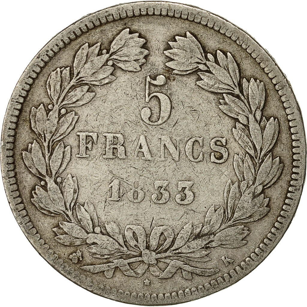 Monnaie, France, Louis-Philippe, 5 Francs, 1833, Bordeaux, TB, Argent