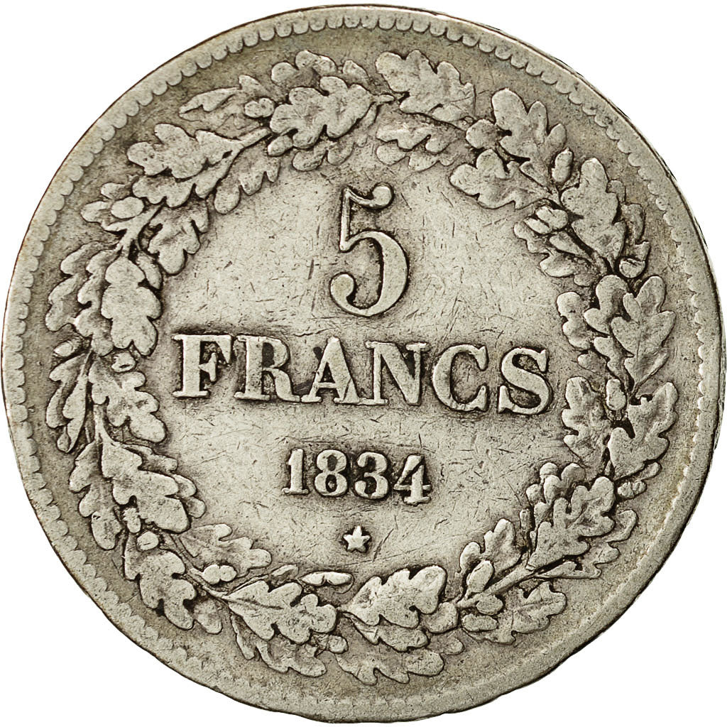 Moneta, Belgio, Leopold I, 5 Francs, 5 Frank, 1834, MB+, Argento, KM:3.1