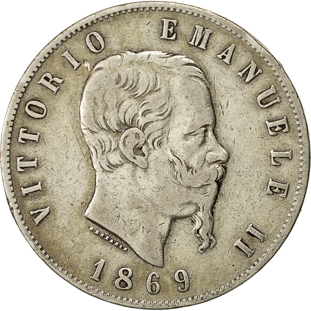 Munten, Italië, Vittorio Emanuele II, 5 Lire, 1869, Milan, ZF, Zilver, KM:8.3