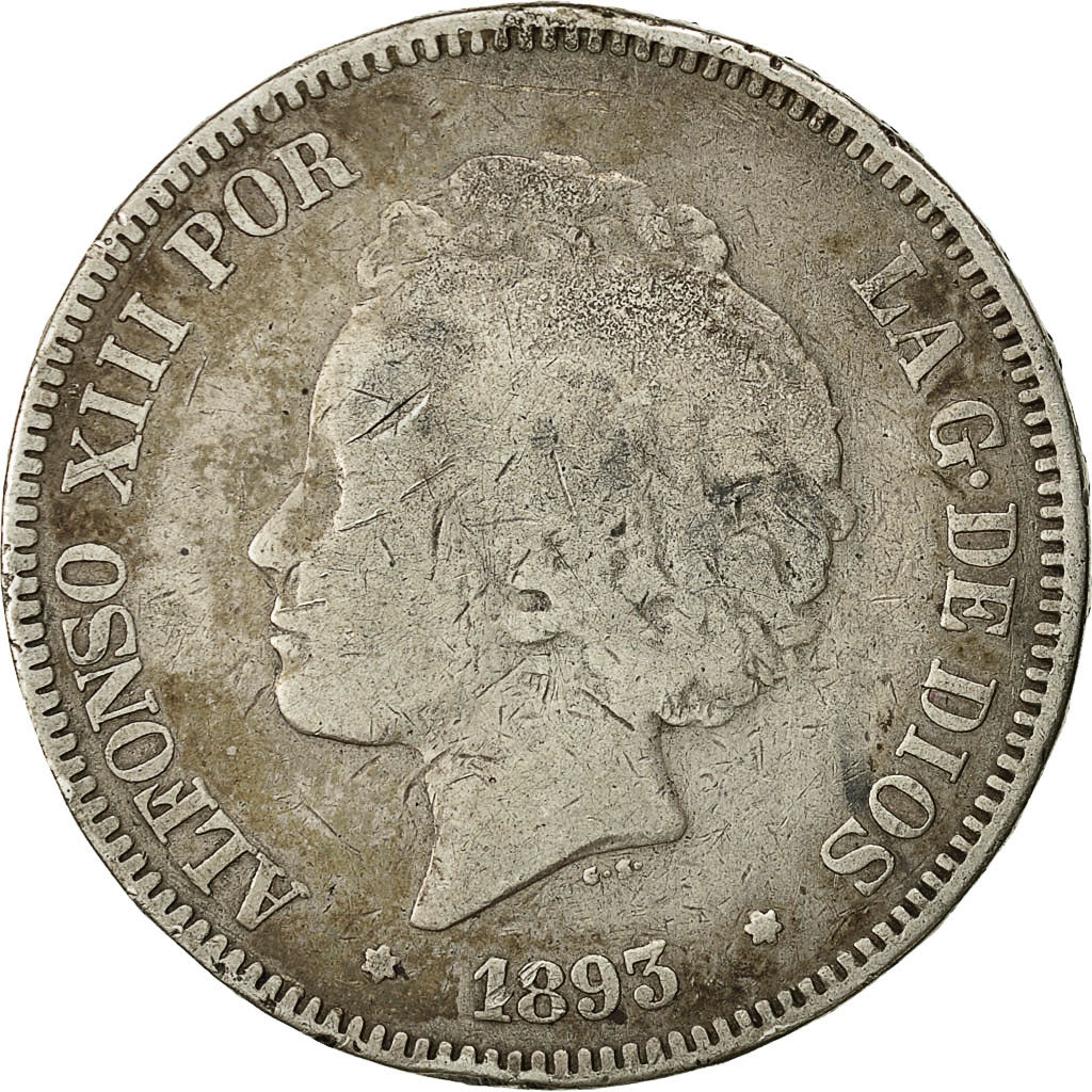 Moneda, España, Alfonso XIII, 5 Pesetas, 1893, BC+, Plata, KM:700