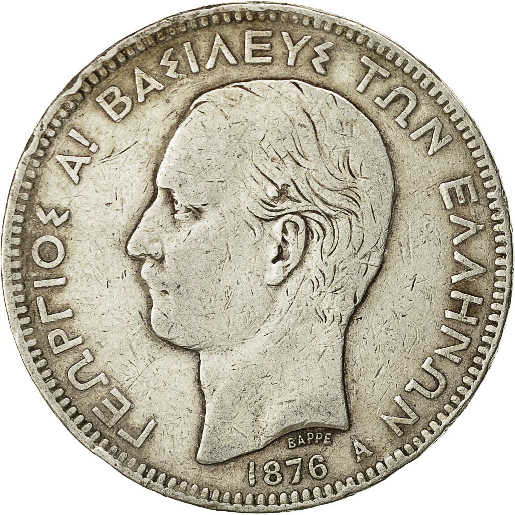 Moneta, Grecia, George I, 5 Drachmai, 1876, Paris, MB+, Argento, KM:46