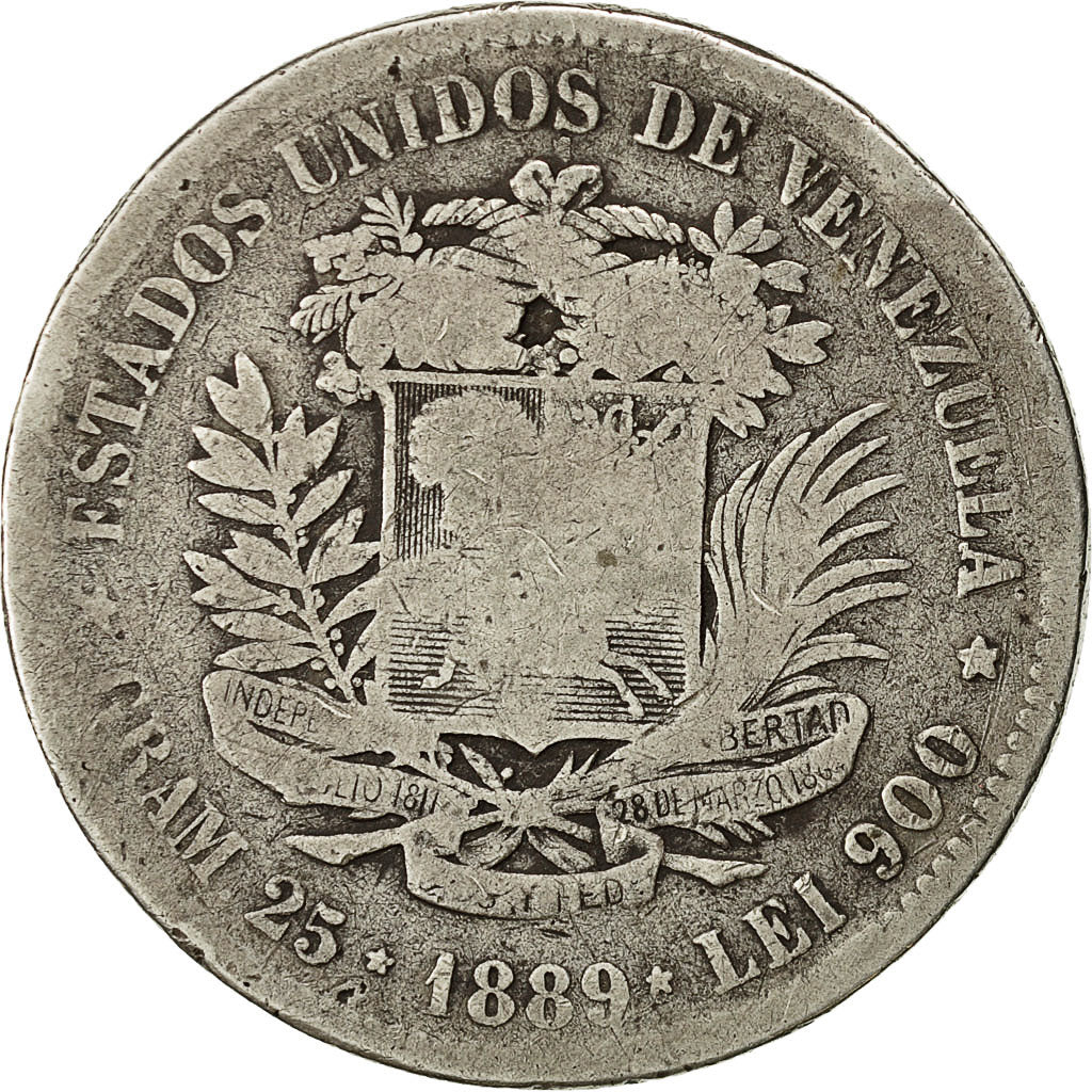 Monnaie, Venezuela, Gram 25, 5 Bolivares, 1889, TB, Argent, KM:24.1