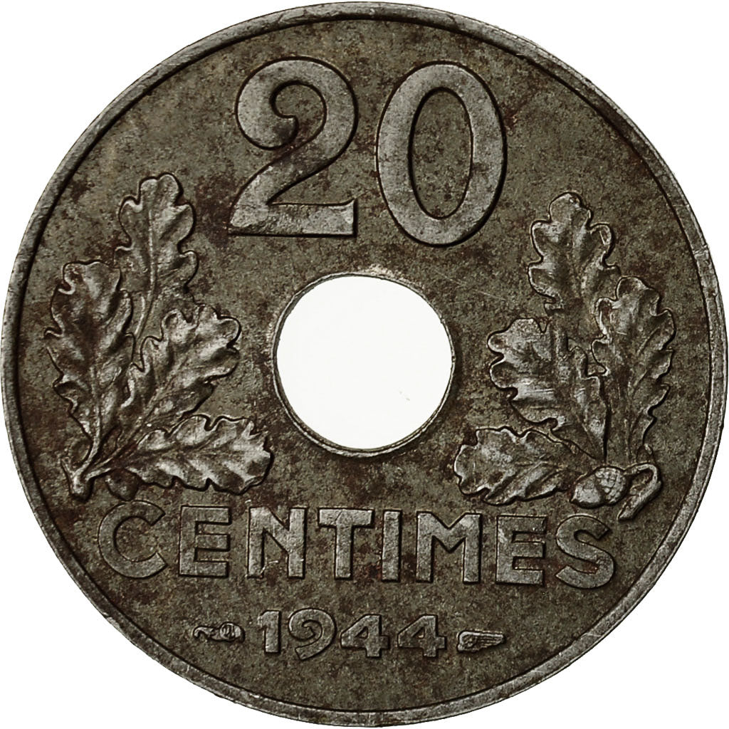 Moneda, Francia, État français, 20 Centimes, 1944, Paris, MBC+, Hierro